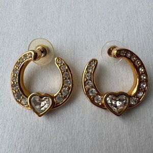 Vintage Swarovski Gold Tone Crystal Shoehouse Heart Shape Earrings